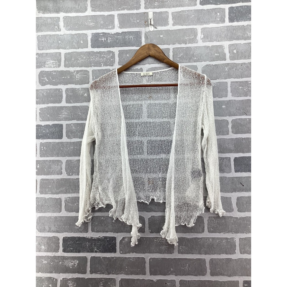 Ikat Womens White Open Front Sheer Mesh Knit Ruffle Hem Cardigan One Size